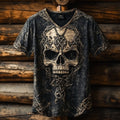 Men's Viking Celtic Skull Runes Washed Linen T-shirt artswardrobe