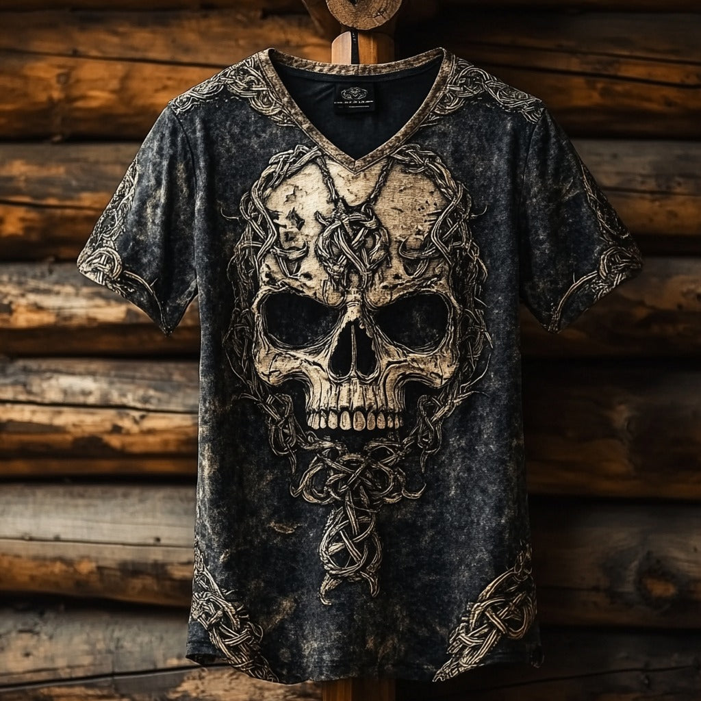 Men's Viking Celtic Skull Runes Washed Linen T-shirt artswardrobe