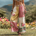 Women's Vintage Floral Art Linen Casual Wide Leg Pants artswardrobe