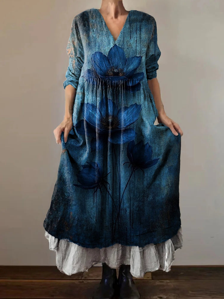 Women's Vintage Floral Art Print V-Neck Button Pocket Cotton Dress