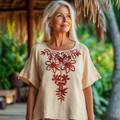 Women's Vintage Bohemian Floral Cotton And Linen T-shirt artswardrobe