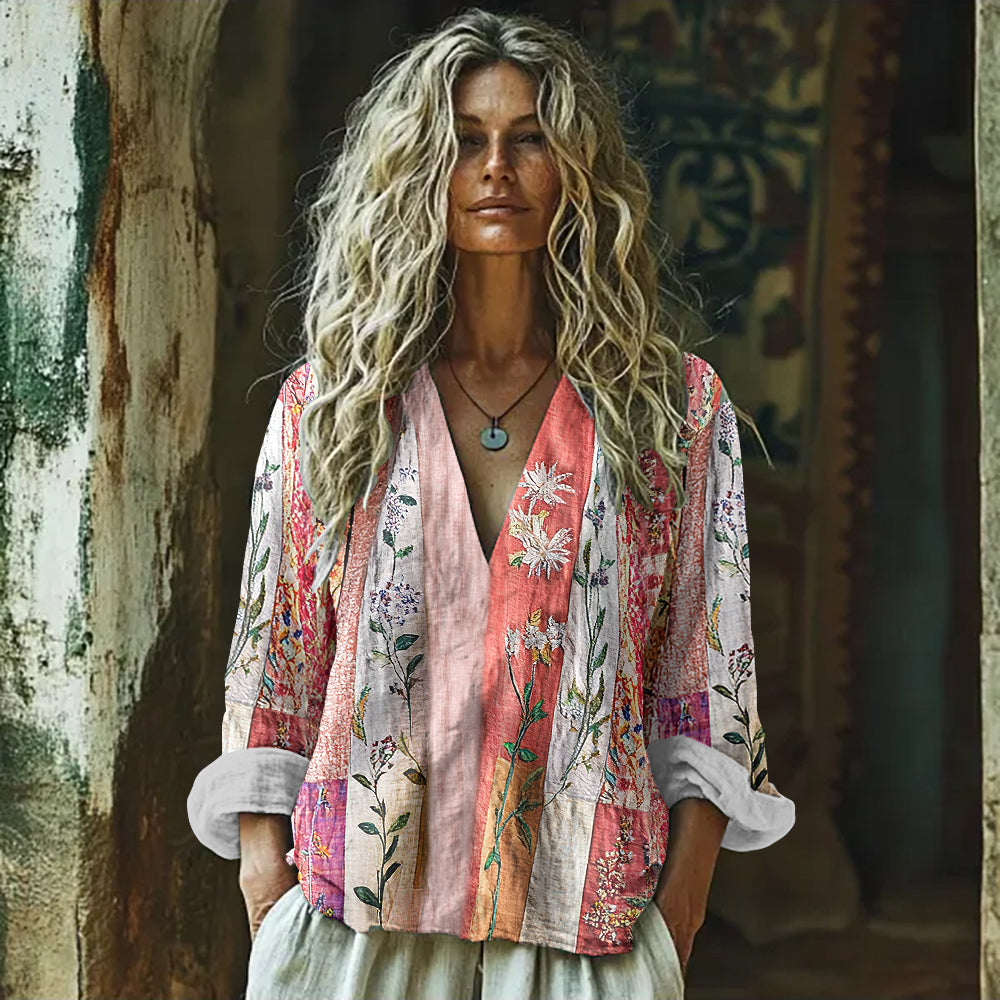 Vintage Boho Bohemian Ethnic Floral Patchwork Linen V-neck Tunic artswardrobe
