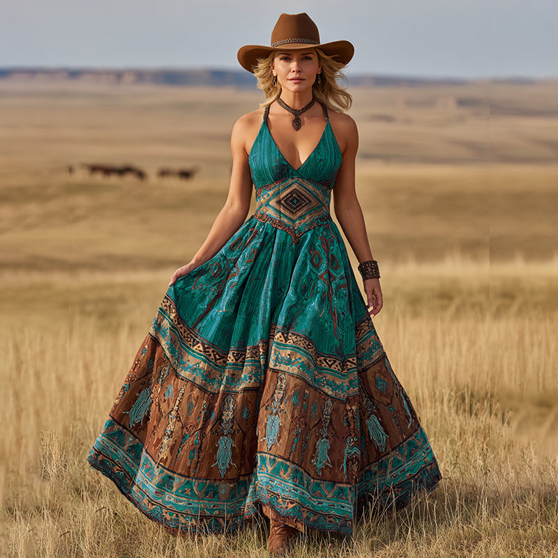 Women's Vintage Western Print Suspender Maxi Dress artswardrobe