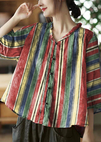 Pink V Neck Ruffled Print Linen Blouse Top Half Sleeve