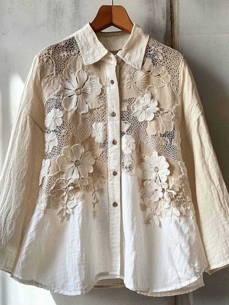 Vintage Boho Hollow Floral Lace Patchwork Linen Blouse artswardrobe