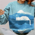 Comstylish Abstract Creative Mount Fuji Lazy Cat Painting Art Print Sweatshirt