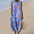 Vintage Purple Floral Art Linen Casual Tank Dress artswardrobe