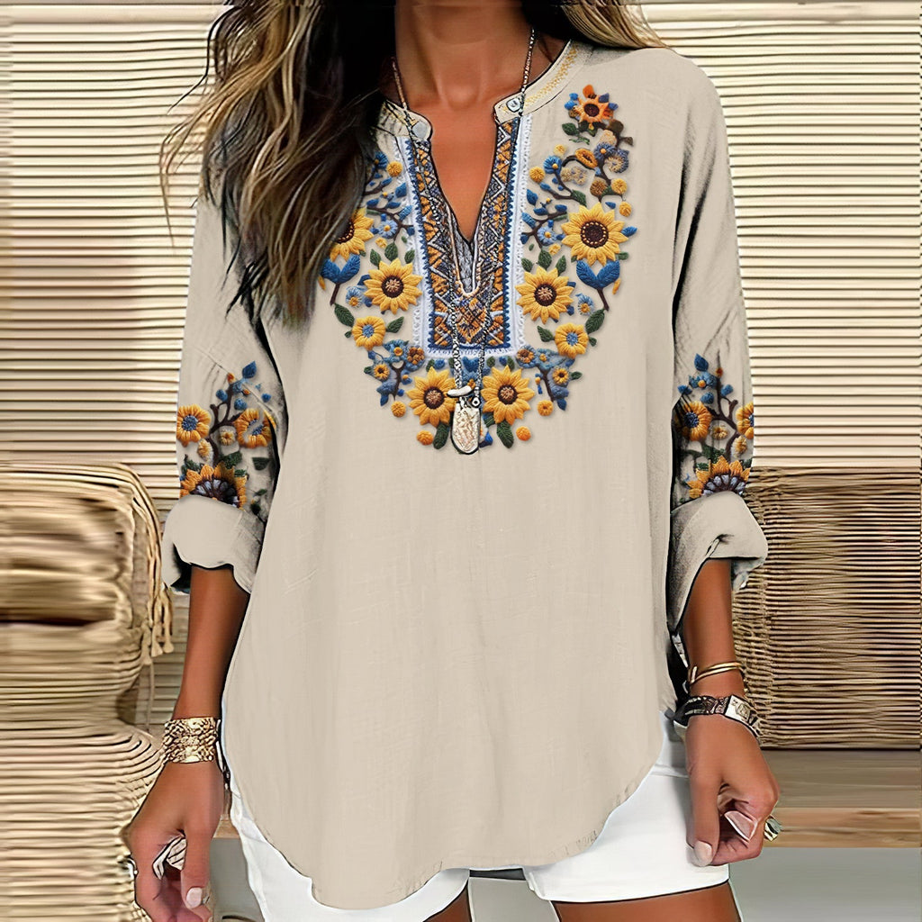Comstylish Women's Ukraine Sunflower Embroidery Art V-neck Casual Linen Blend Blouse