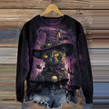 Women's Halloween Cat Print Crew Neck Casual Sweatshirt elevenforest