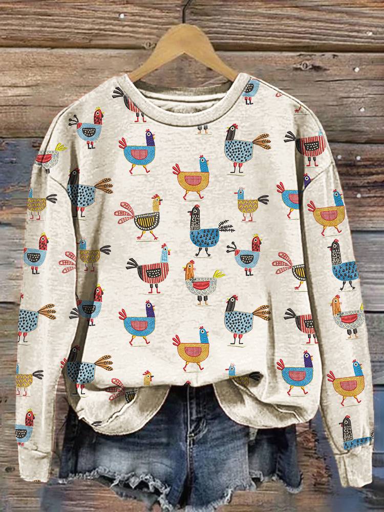 Comstylish Funny Farm Chicken Print Casual Cotton Sweatshirt