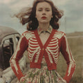 Women's Vintage Skull Ribs Pattern V Neck Cozy Knit Sweater Cardigan artswardrobe