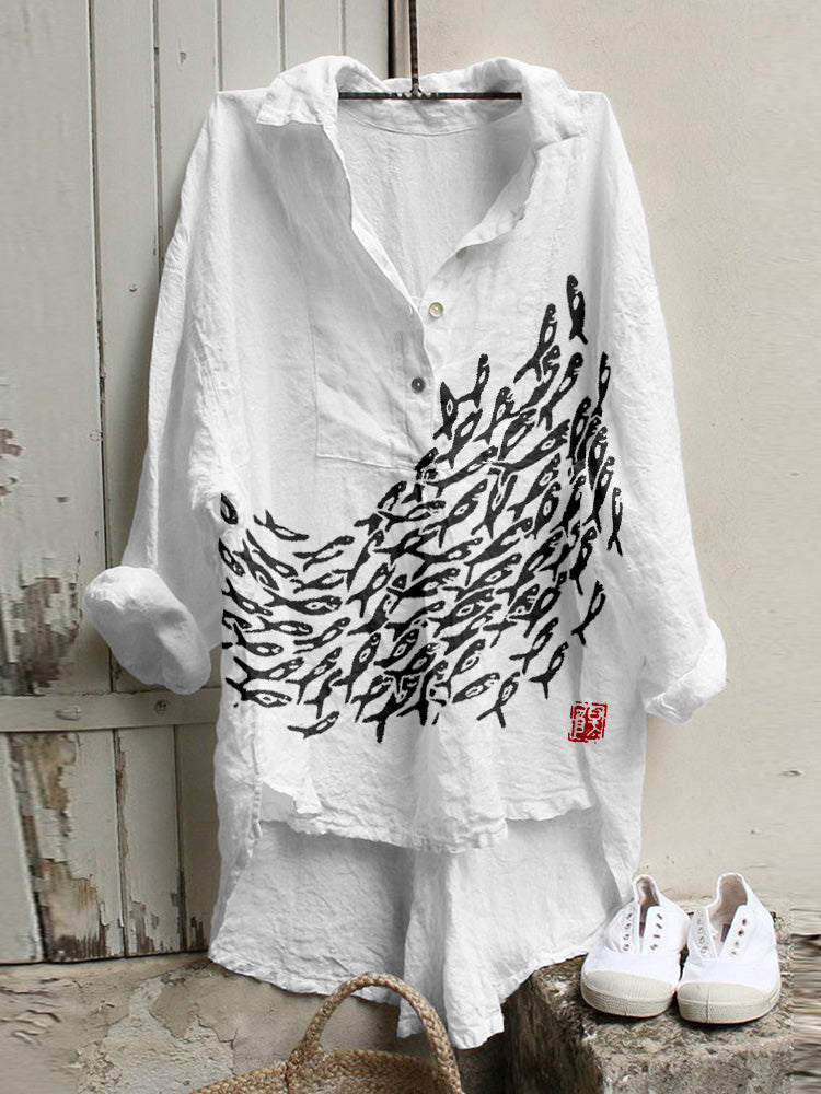 Comstylish Fish Japanese Art Linen Blend High Low Tunic