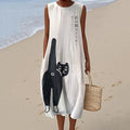 Women's Vintage Japanese Cat Art Pattern Cotton And Linen Dress artswardrobe