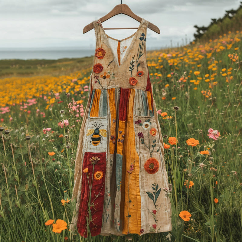 Bee Wildflower Floral Embroidery Art Linen Tank Dress artswardrobe