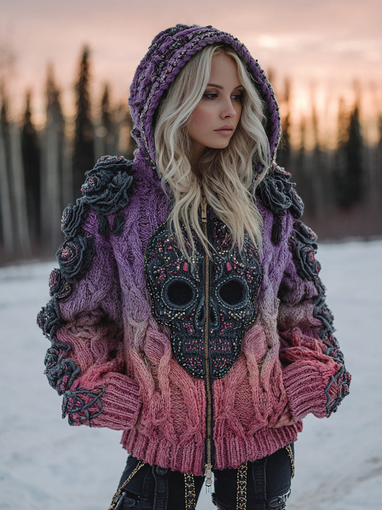 Women's Vintage Celtic Skull Gradient Art Cozy Knitted Hooded Cardigan elevenforest