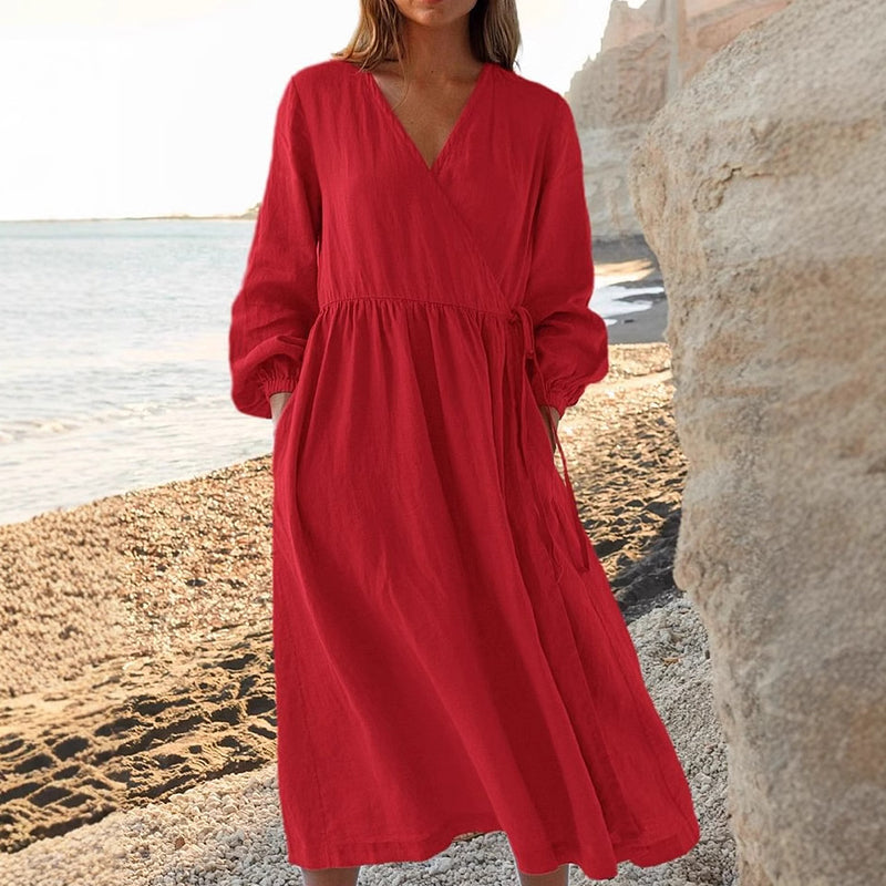 Casual Pleated Wrap V Neck Linen Midi Dress artswardrobe