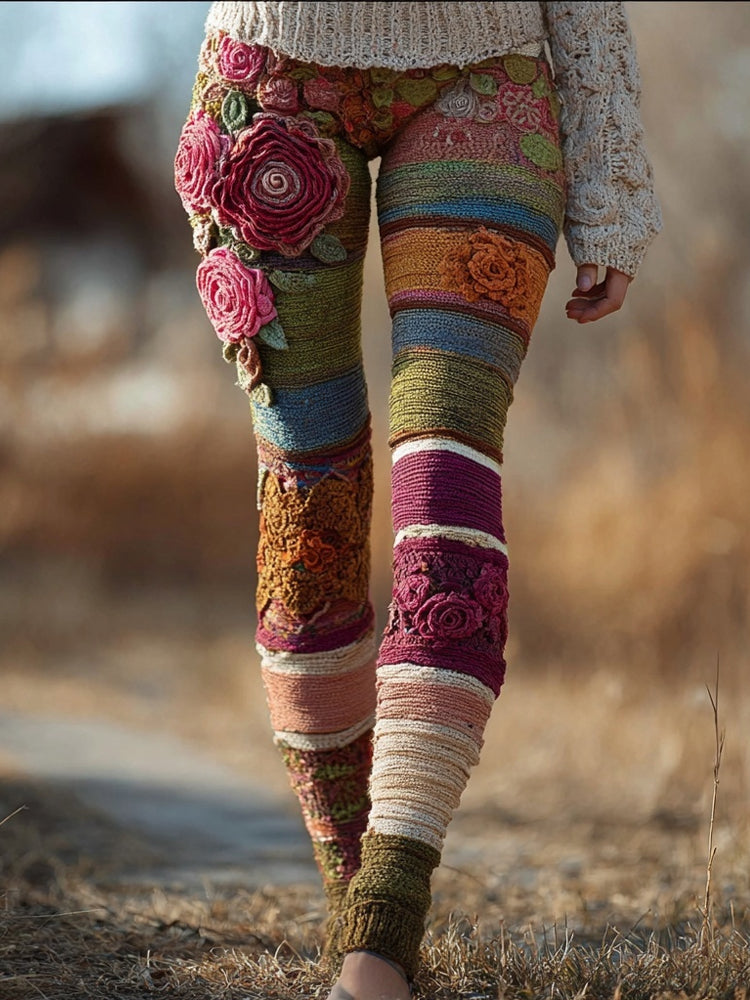 Comstylish Vintage Bohemia Flower Crochet Striped Cozy Knit Leggings