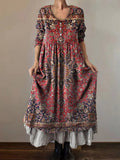 Women's Ethnic Tattoo Art Print V-Neck Button Pocket Cotton Dress
