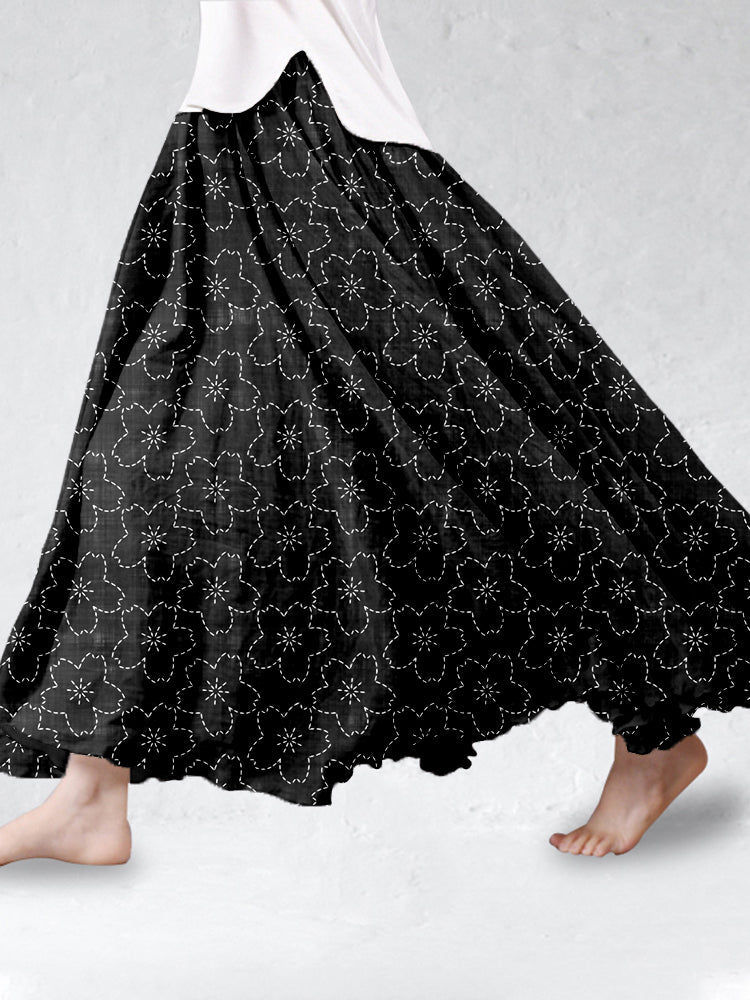 Comstylish Cherry Blossom Japanese Sashiko Art Linen Blend Flowy Wide Skirt