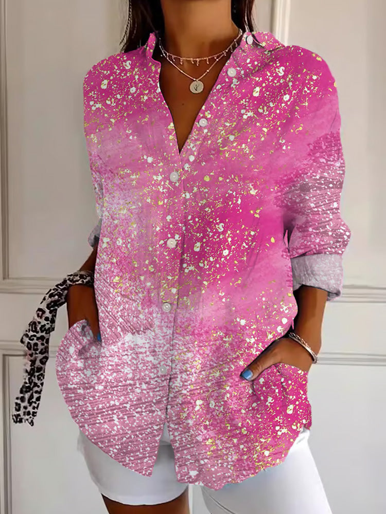 Comstylish Women's Casual Retro Art Pink Gradient Shirt