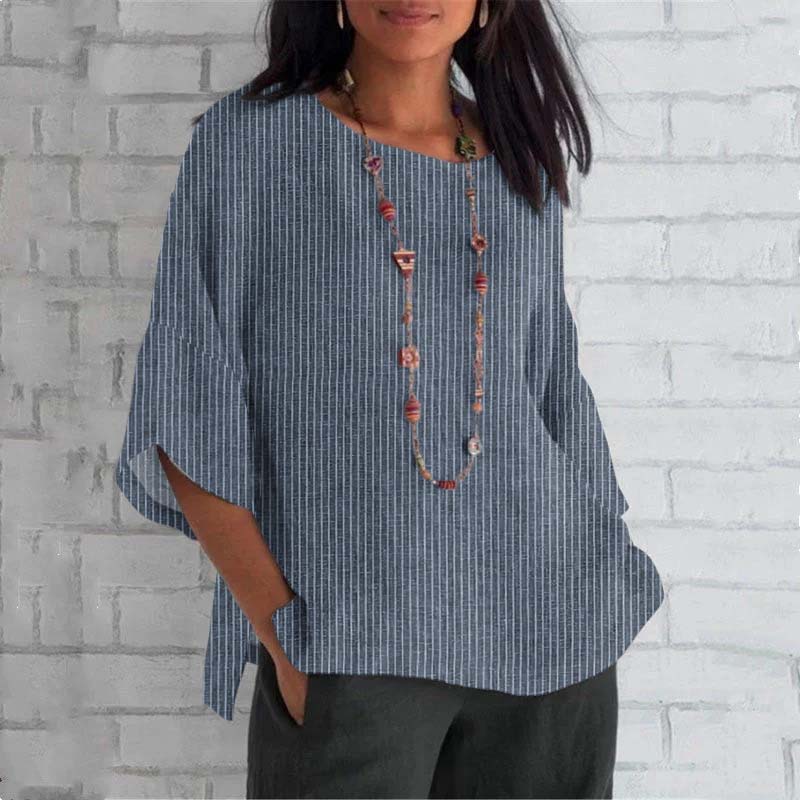 Comstylish Vintage Stripes Round Neck Casual Blouse
