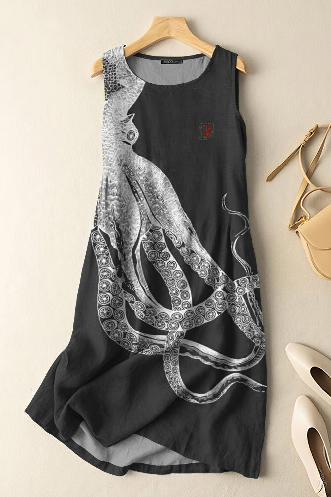 Comstylish Vintage Japanese Art Octopus Print Sleeveless Cotton And Linen Midi Dress