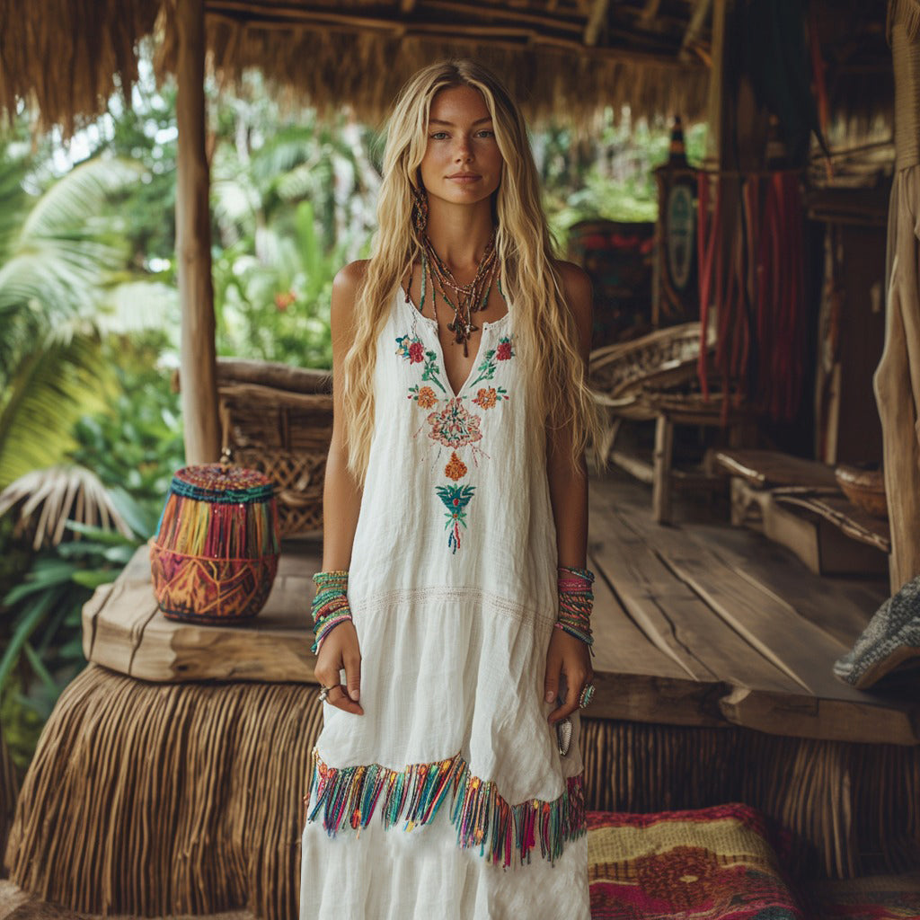 Bohemian Floral Embroidery Tassel Art Sleeveless Cozy Linen Maxi Dress artswardrobe