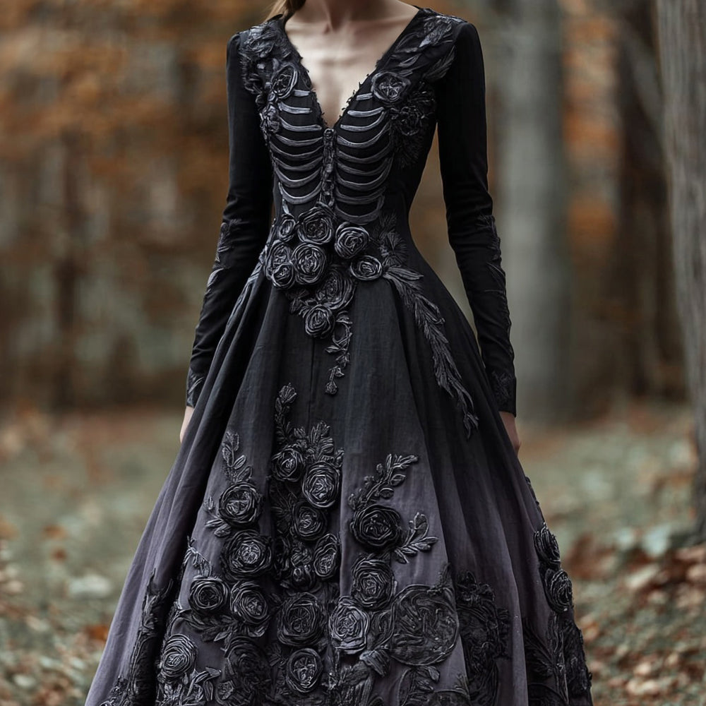 Comstylish Classy Skeleton & Roses Embroidered V Neck Flowy Maxi Dress