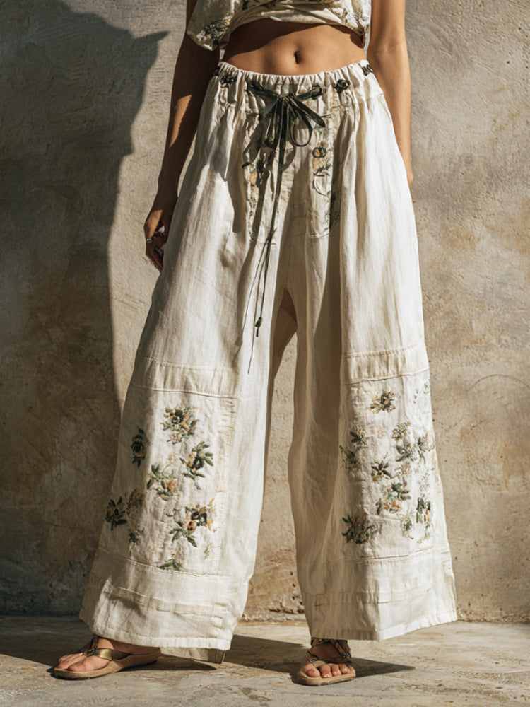 Women's Vintage Embroidery Art Comfy Linen Pant artswardrobe