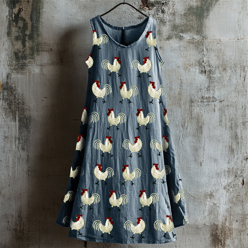 Farm Roosters Embroidered Linen Tank Dress artswardrobe