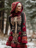 Comstylish Retro Floral & Skeleton Art Women's Knit Hooded Mini Dress