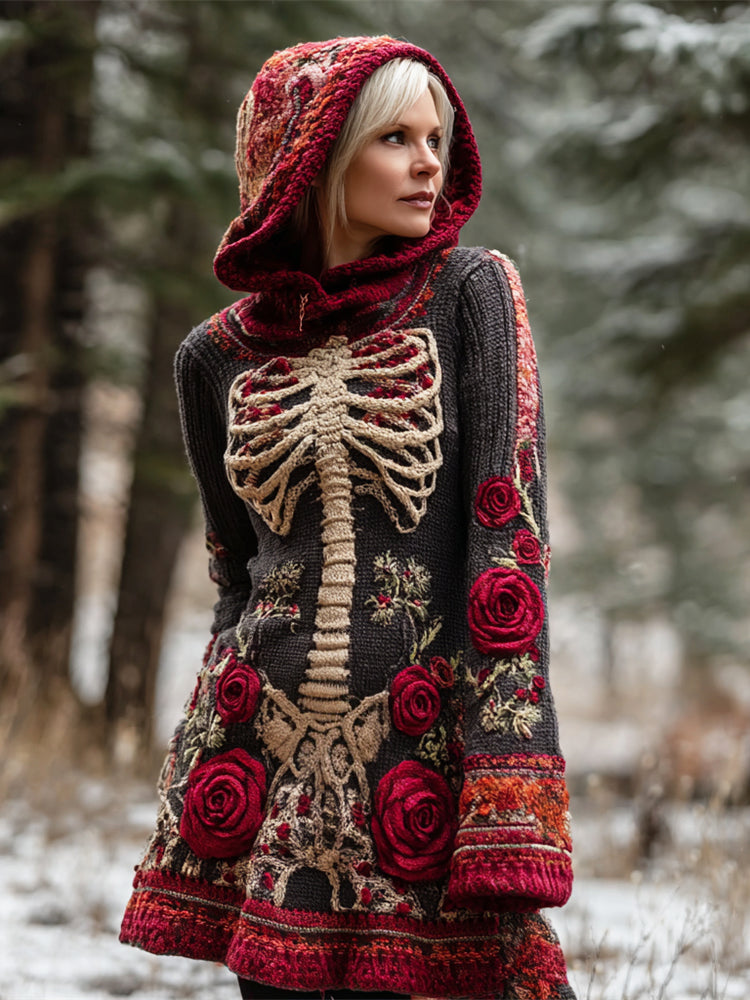 Comstylish Retro Floral & Skeleton Art Women's Knit Hooded Mini Dress
