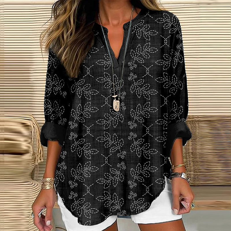 Comstylish Japanese Floral Leaf Sashiko Art Cozy Linen Tunic