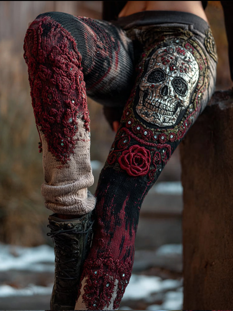 Comstylish Halloween Skull Rose Contrasting Knitted Leggings