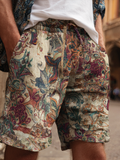 Western Bohemian Style Plant And Flower Pattern Retro Cotton And Linen Loose Men's Shorts artswardrobe