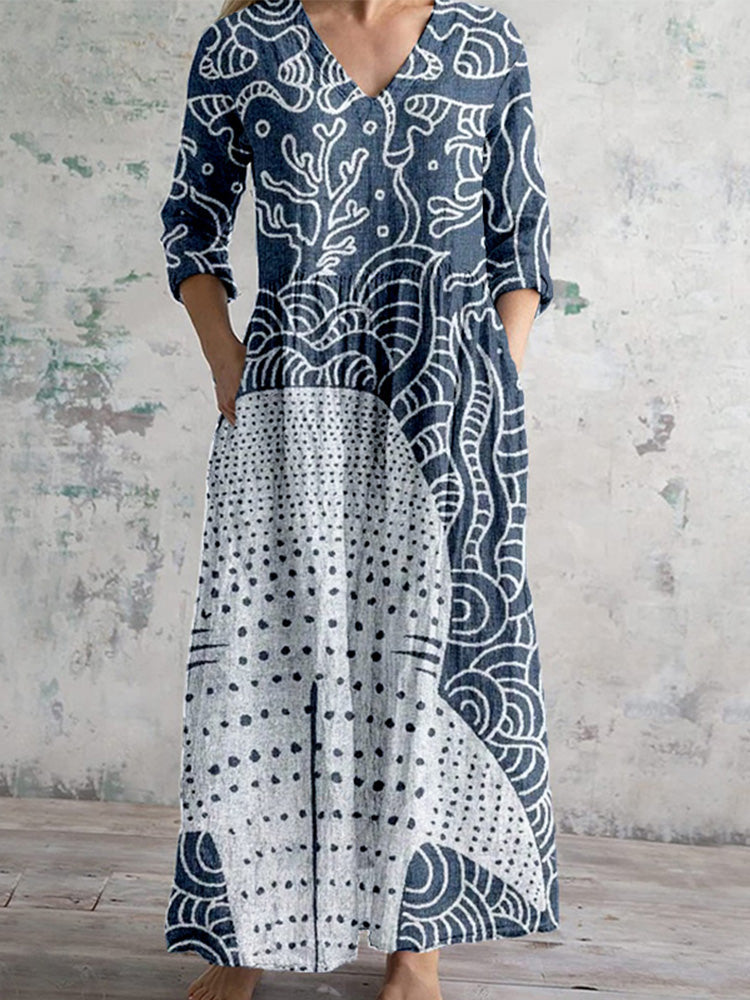 Comstylish Vintage Whale Shark Graphic Linen Maxi Dress