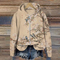 Comstylish Vintage Flower Bird Print Zip Hoodie