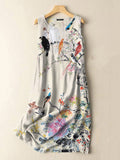 Vintage Japanese Flowers And Birds Print Sleeveless Cotton And Linen M