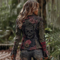 Comstylish Vintage Rose Rhinestone Skull Gothic Rugged Color-contrast Denim Jacket