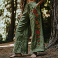 Bohemian Holiday Style Linen Bohemian Floral Print Linen Long Loose Wide-leg Pants artswardrobe