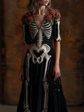 Comstylish Vintage Skeleton Roses Glitter V Neck Cozy Maxi Dress