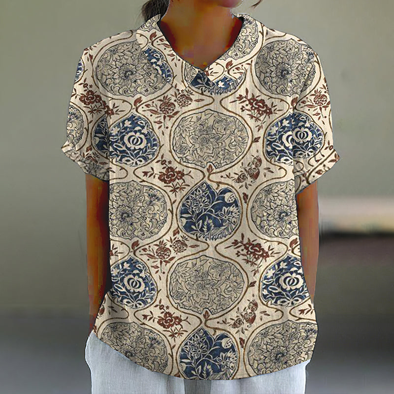 Comstylish Vintage Japanese Art Print Lapel Blouse
