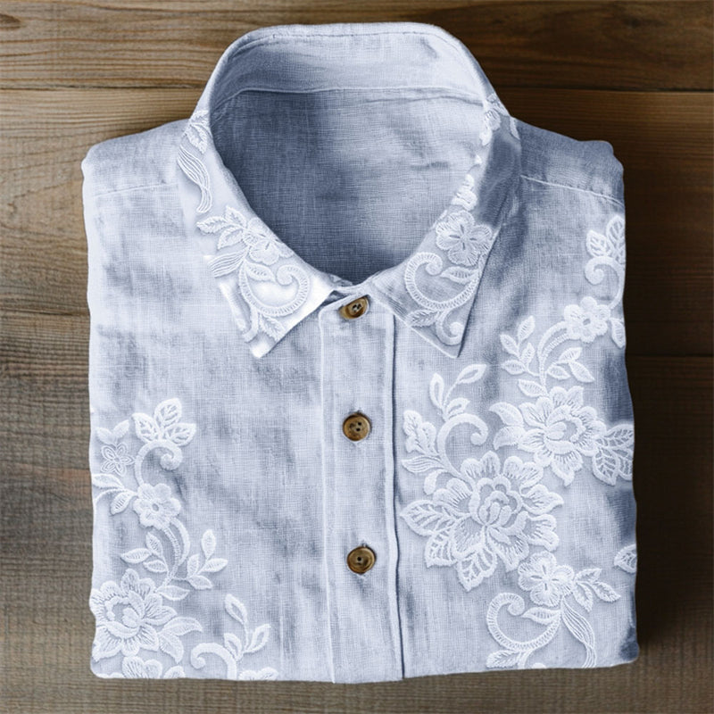 Comstylish Classy Floral Embroidered Lace Linen Blend Blouse