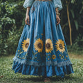 Sunflower Embroidered Lace Art Flowy Linen Skirt artswardrobe