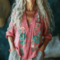 Retro Bohemian Style Linen Floral Art Print Long Sleeve Loose  Shirt artswardrobe