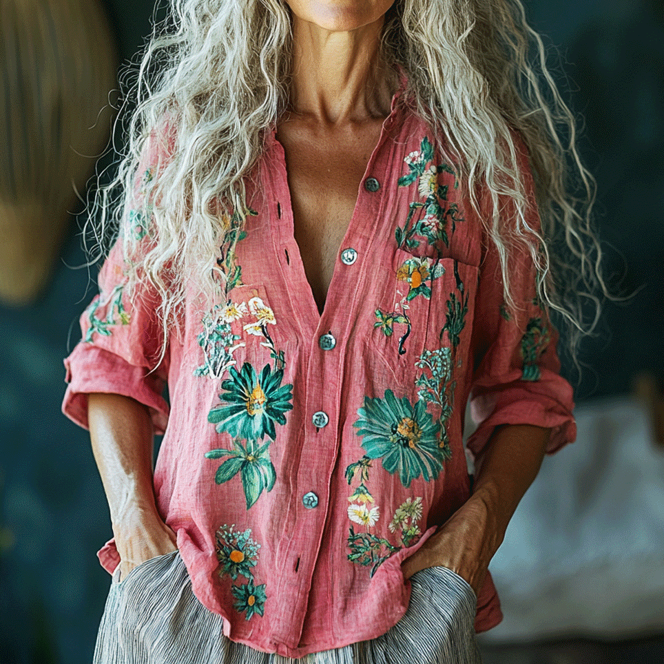 Retro Bohemian Style Linen Floral Art Print Long Sleeve Loose  Shirt artswardrobe