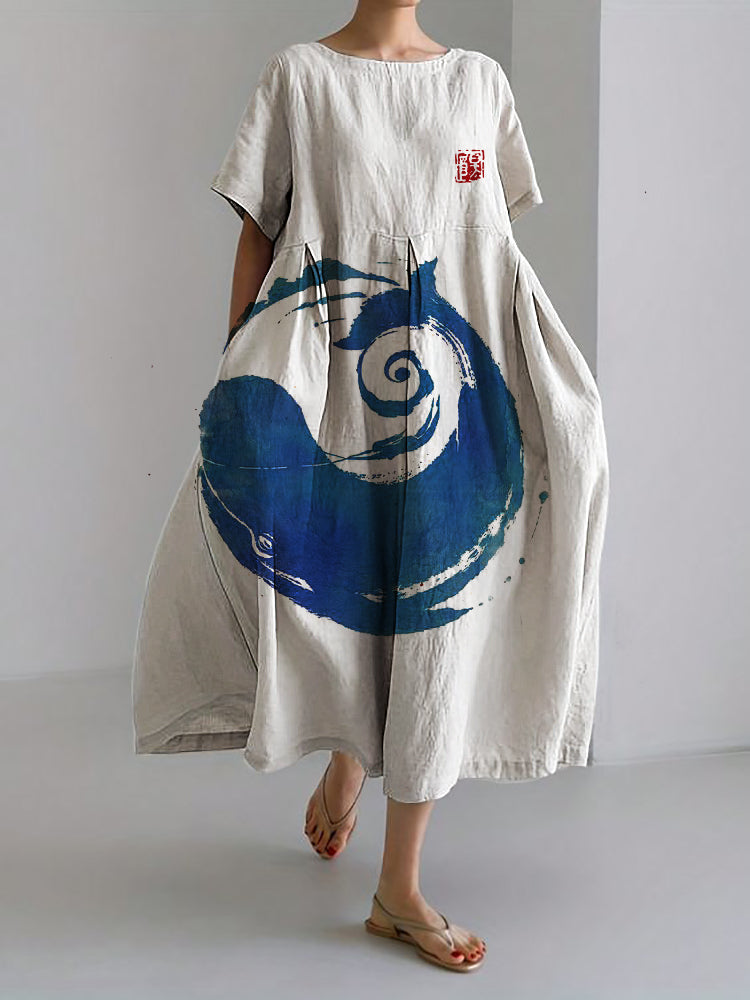 Comstylish Whale Breach Japanese Brush Art Linen Blend Maxi Dress