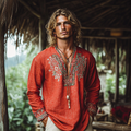 Men's Retro Bohemian Linen Printed Casual Long Sleeve Tops artswardrobe