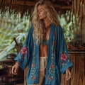 Comstylish Classic Bohemian Floral Art Embroidery Print Cotton And Linen Blend Kimono Cardigan
