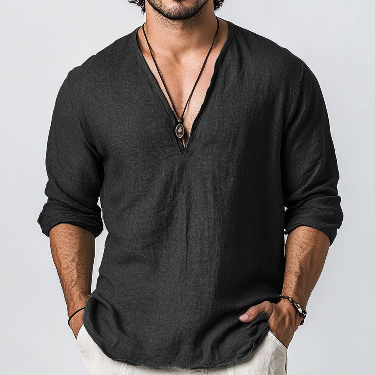 Men's Solid Color V Neck Casual Linen Shirt artswardrobe